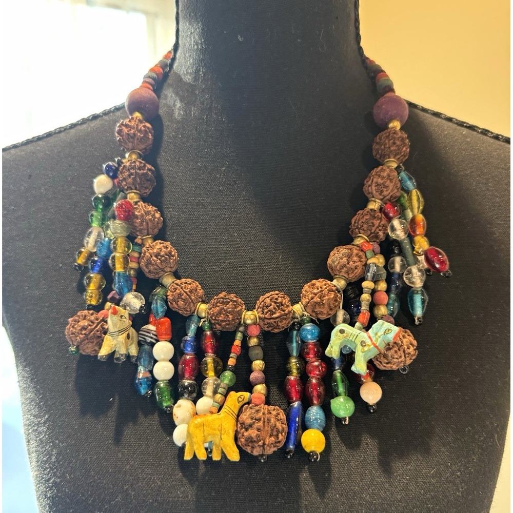 Vintage Multicolor Beads Statement Necklace Animal Charms Glass Wood Hook Tribal